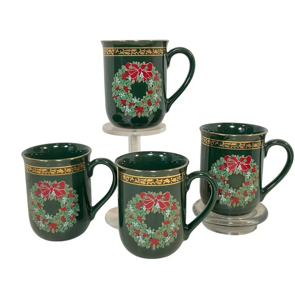 4 Otagiri Mugs Christmas Wreath Coffee Cup Vintage Gibson Japan 10 oz